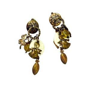 Vintage clip on earrings antique Gold tone charms mother of pearl drop Earrings